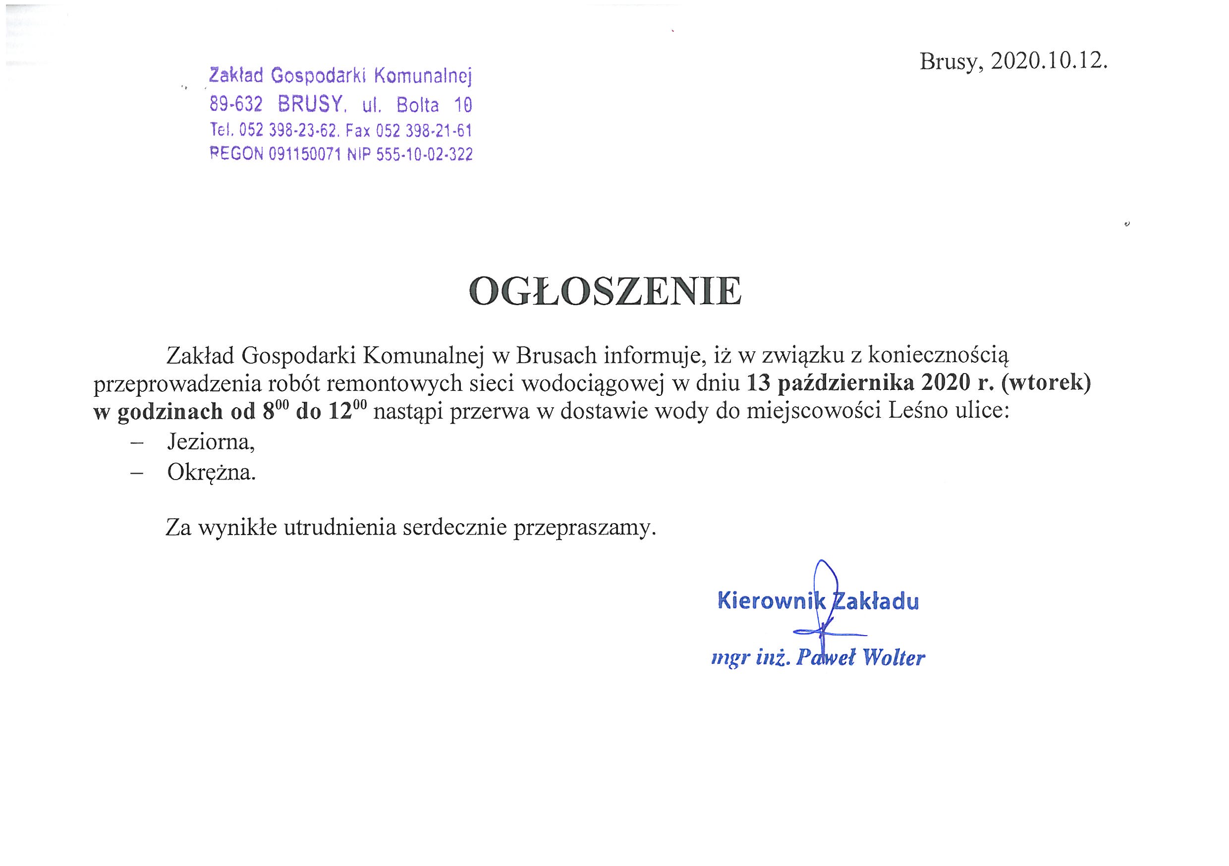 Ogłoszenie w sprawie przerwy w dostawie wody w miejscowości Leśno