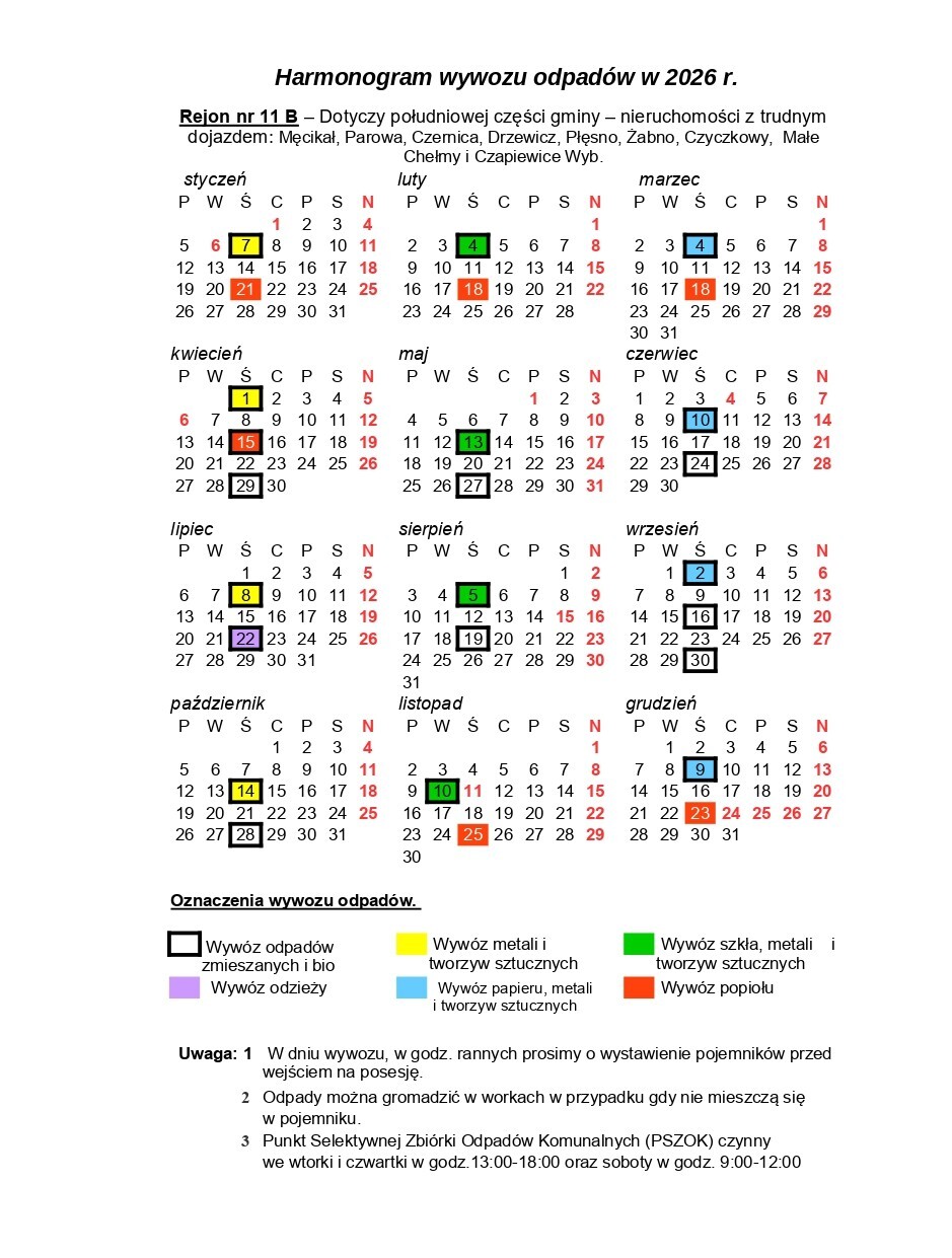 Rejon nr 11 B – Dotyczy południowej części gminy – nieruchomości z trudnym dojazdem: Męcikał, Parowa, Czernica, Drzewicz, Płęsno, Żabno, Czyczkowy, Małe Chełmy i Czapiewice Wyb.